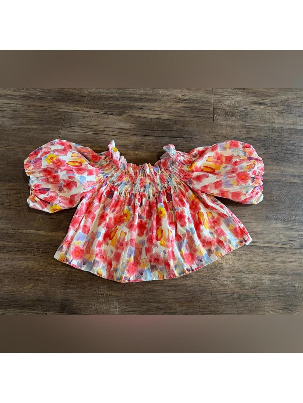 NWOT En Saison Pink Floral Smocked Crop Top 100% Cotton Lined Full Sz XS
